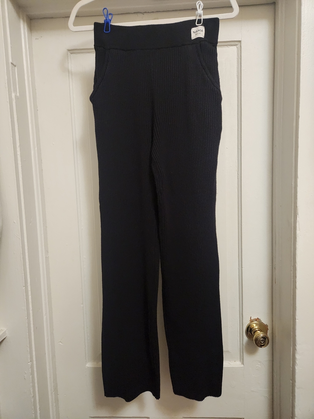 Nama Black Ribbed Wide-Leg Knit Pants W/Pockets Sz M NWOT